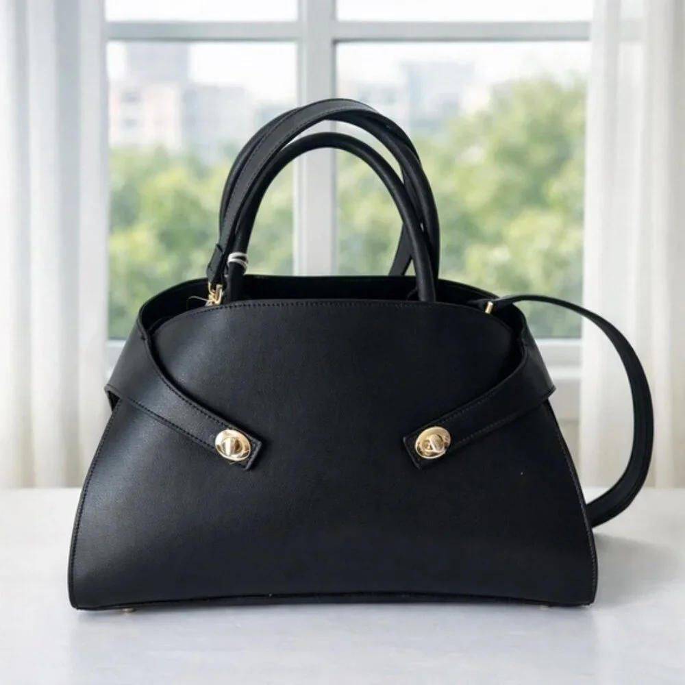 Anna Paola Annie Handbag Genuine Leather Italy Tote Crossbody Black